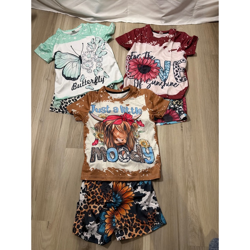 Girls Graphic T-Shirt and Shorts Sets Lot of 3 Highland Cow Butterfly Sunflower